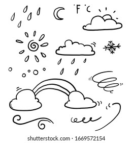 hand drawn doodle weather element collection symbol set with line art cartoon style vector