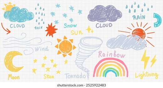 Hand drawn doodle weather elements, icons for website, elements for animation. Vector graphics.