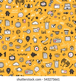 Hand Drawn Doodle Web Site Signs and Symbols. Social Media Icons Vector Seamless Pattern. 