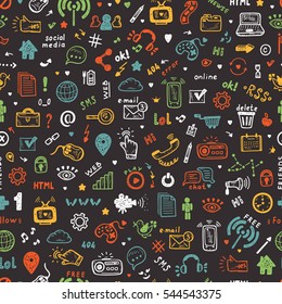  Hand Drawn Doodle Web Site Signs and Symbols. Social Media Icons Vector Seamless Pattern