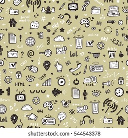  Hand Drawn Doodle Web Site Signs and Symbols. Social Media Icons Vector Seamless Pattern