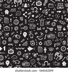  Hand Drawn Doodle Web Site Signs and Symbols. Social Media Icons Vector Seamless Pattern