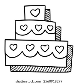 Hand drawn doodle wedding cake isolated on white background. Vector illustration.