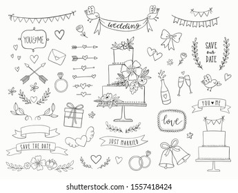 Hand drawn doodle wedding collection. Vector wedding icons, illustrations and design elements for invitations, greeting cards, posters. Arrows, hearts, laurel, wreaths, ribbons, flowers, banners.