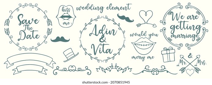 Colección de bodas de doodle dibujada a mano. Iconos de matrimonio esquemáticos para el día de la boda, el amor y los eventos románticos novia novio corazón cupido compromiso anillo invitación triciclo