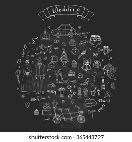 Hand drawn doodle Wedding collection Vector illustration Sketchy Marriage icons Big set of icons for Wedding day, love and romantic events Bride Groom Heart Cupid Engagement ring