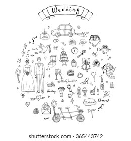 Hand drawn doodle Wedding collection Vector illustration Sketchy Marriage icons Big set of icons for Wedding day, love and romantic events Bride Groom Heart Cupid Engagement ring