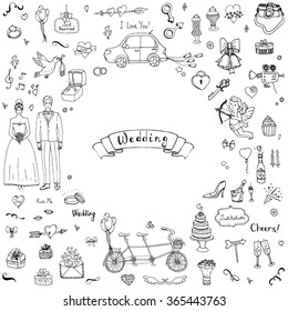 Hand drawn doodle Wedding collection Vector illustration Sketchy Marriage icons Big set of icons for Wedding day, love and romantic events Bride Groom Heart Cupid Engagement ring