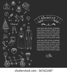 Hand drawn doodle Wedding collection Vector illustration Sketchy Marriage icons Big set of icons for Wedding day, love and romantic events Bride Groom Heart Cupid Engagement ring