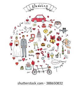 Hand drawn doodle Wedding collection Vector illustration Sketchy Marriage icons Big set of icons for Wedding day, love and romantic events Bride Groom Heart Cupid Engagement ring