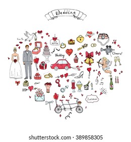 Hand drawn doodle Wedding collection Vector illustration Sketchy Marriage icons Big set of icons for Wedding day, love and romantic events Bride Groom Heart Cupid Engagement ring