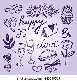 Hand drawn doodle Wedding collection. Vector illustration. Sketchy Marriage icons. Big set of icons for Wedding day, love and romantic events. 