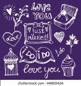 Hand drawn doodle Wedding collection. Vector illustration. Sketchy Marriage icons. Big set of icons for Wedding day, love and romantic events. 