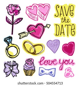 Hand drawn doodle Wedding collection. Vector illustration. Sketchy Marriage icons. Big set of icons for Wedding day, love and romantic events. 