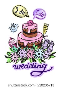 Hand drawn doodle Wedding collection. Vector illustration. Sketchy Marriage icons. Big set of icons for Wedding day, love and romantic events. 