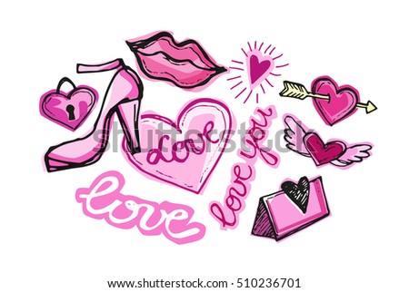 Hand drawn doodle Wedding collection. Vector illustration. Sketchy Marriage icons. Big set of icons for Wedding day, love and romantic events. 