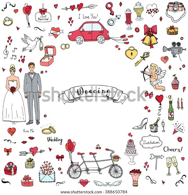 Hand drawn\
doodle Wedding collection Vector illustration Sketchy Marriage\
icons Big set of icons for Wedding day, love and romantic events\
Bride Groom Heart Cupid Engagement\
ring