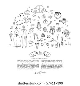 Hand drawn doodle Wedding day collection Vector illustration Sketchy Marriage icons Big set of icons for Engagement, get married, love and romantic event Bride Groom Heart Cupid Ring Dove Car Tricycle