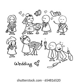 Hand drawn doodle Wedding day. Happy newlyweds with relatives.  Vector illustration.