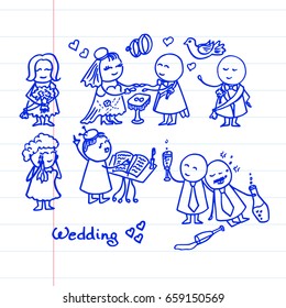 Hand drawn doodle Wedding day. Happy newlyweds with relatives.  Vector illustration on notebook page.