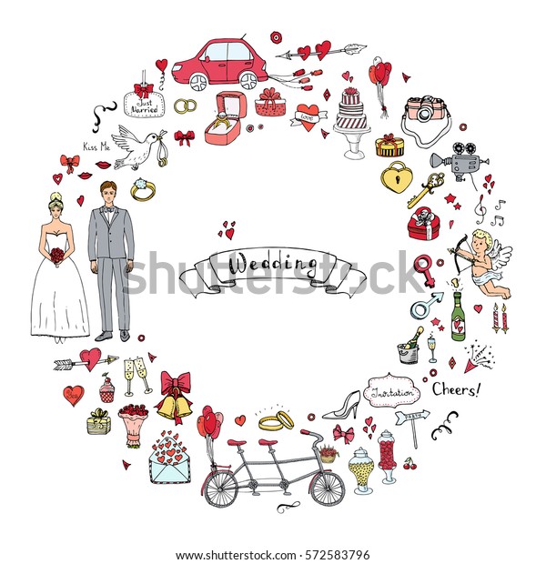 Hand drawn doodle Wedding day collection Vector\
illustration Sketchy Marriage icons Big set of icons for\
Engagement, get married, love and romantic event Bride Groom Heart\
Cupid Ring Dove Car\
Tricycle