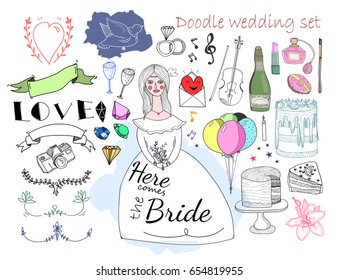 Hand drawn doodle wedding elements. Graphic colored vector set