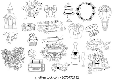 Hand Drawn Doodle Wedding Icons Set, Vector Illustration On Transparent Background