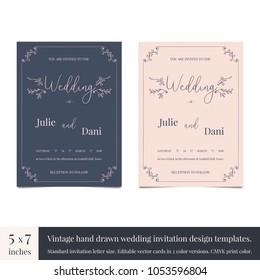 Hand drawn doodle wedding invitations design template. Hand drawn invitations wedding card design with vintage flourishes. Vintage wedding card design templates for marriage invitation letter format. 