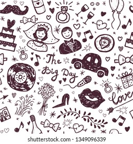 Desenhado à mão rabiscar Casamento sem emenda Vetor Sketchy Casamento ícones