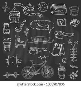 Hand drawn doodle Weight loss icons set Vector illustration dieting symbols collection Cartoon sketch elements Diet Sport equipment Healthy food eating Nutrition Protein Carbs Fats chemical formula