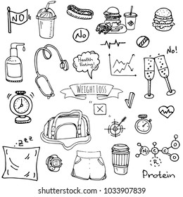 Hand drawn doodle Weight loss icons set Vector illustration dieting symbols collection Cartoon sketch elements Diet Sport equipment Healthy food eating Nutrition Protein Carbs Fats chemical formula