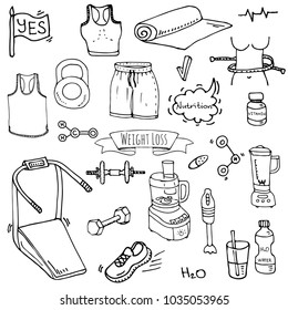 Hand drawn doodle Weight loss icons set Vector illustration dieting symbols collection Cartoon sketch elements Diet Sport equipment Healthy food eating Nutrition Protein Carbs Fats chemical formula