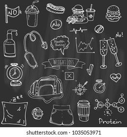 Hand drawn doodle Weight loss icons set Vector illustration dieting symbols collection Cartoon sketch elements Diet Sport equipment Healthy food eating Nutrition Protein Carbs Fats chemical formula