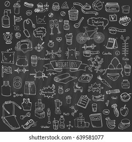 Hand drawn doodle Weight loss icons set Vector illustration dieting symbols collection Cartoon sketch elements Diet Sport equipment Healthy food eating Nutrition Protein Carbs Fats chemical formula