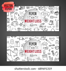Hand drawn doodle Weight loss icons set Vector illustration dieting symbols collection Cartoon sketch elements Diet Sport equipment Healthy food eating Nutrition Protein Carbs Fats chemical formula