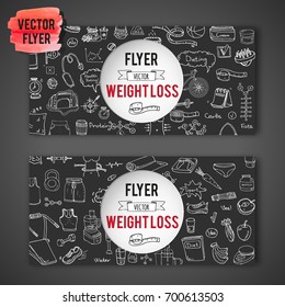 Hand drawn doodle Weight loss icons set Vector illustration dieting symbols collection Cartoon sketch elements Diet Sport equipment Healthy food eating Nutrition Protein Carbs Fats chemical formula