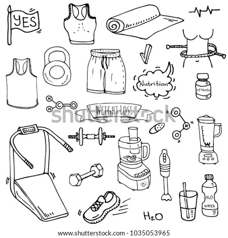 Hand drawn doodle Weight loss icons set Vector illustration dieting symbols collection Cartoon sketch elements Diet Sport equipment Healthy food eating Nutrition Protein Carbs Fats chemical formula
