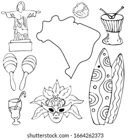 Hand drawn doodle Welcome to Brazil set. Vector illustration Sketchy Brazilian traditional icons Cartoon national typical elements collection 