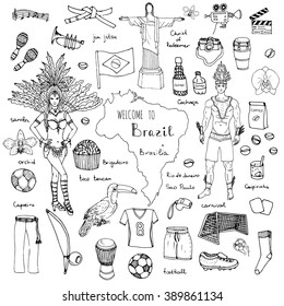 Hand drawn doodle Welcome to Brazil set. Vector illustration Sketchy Brazilian traditional icons Cartoon national typical elements collection Landmark Football ball cleats goal Capoeira Samba Orchid