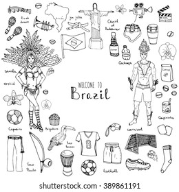 Hand drawn doodle Welcome to Brazil set. Vector illustration Sketchy Brazilian traditional icons Cartoon national typical elements collection Landmark Football ball cleats goal Capoeira Samba Orchid