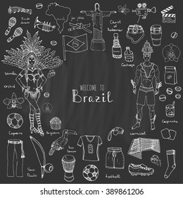 Hand drawn doodle Welcome to Brazil set. Vector illustration Sketchy Brazilian traditional icons Cartoon national typical elements collection Landmark Football ball cleats goal Capoeira Samba Orchid