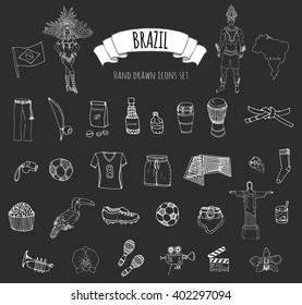 Hand drawn doodle Welcome to Brazil set. Vector illustration Sketchy Brazilian traditional icons Cartoon national typical elements collection Landmark Football ball cleats goal Capoeira Samba Orchid