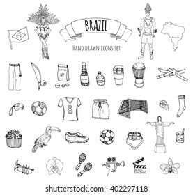 Hand drawn doodle Welcome to Brazil set. Vector illustration Sketchy Brazilian traditional icons Cartoon national typical elements collection Landmark Football ball cleats goal Capoeira Samba Orchid