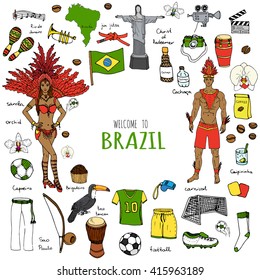 Hand drawn doodle Welcome to Brazil set. Vector illustration Sketchy Brazilian traditional icons Cartoon national typical elements collection Landmark Football ball cleats goal Capoeira Samba Orchid