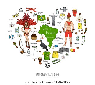 Hand drawn doodle Welcome to Brazil set. Vector illustration Sketchy Brazilian traditional icons Cartoon national typical elements collection Landmark Football ball cleats goal Capoeira Samba Orchid