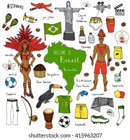 Hand drawn doodle Welcome to Brazil set. Vector illustration Sketchy Brazilian traditional icons Cartoon national typical elements collection Landmark Football ball cleats goal Capoeira Samba Orchid