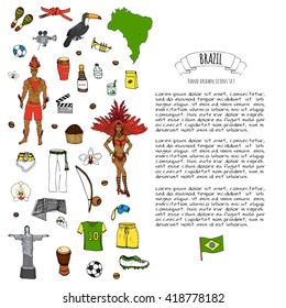 Hand drawn doodle Welcome to Brazil set. Vector illustration Sketchy Brazilian traditional icons Cartoon national typical elements collection Landmark Football ball cleats goal Capoeira Samba Orchid