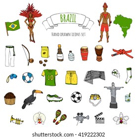 Hand drawn doodle Welcome to Brazil set. Vector illustration Sketchy Brazilian traditional icons Cartoon national typical elements collection Landmark Football ball cleats goal Capoeira Samba Orchid