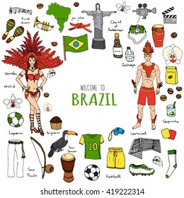 Hand drawn doodle Welcome to Brazil set. Vector illustration Sketchy Brazilian traditional icons Cartoon national typical elements collection Landmark Football ball cleats goal Capoeira Samba Orchid