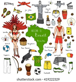 Hand drawn doodle Welcome to Brazil set. Vector illustration Sketchy Brazilian traditional icons Cartoon national typical elements collection Landmark Football ball cleats goal Capoeira Samba Orchid